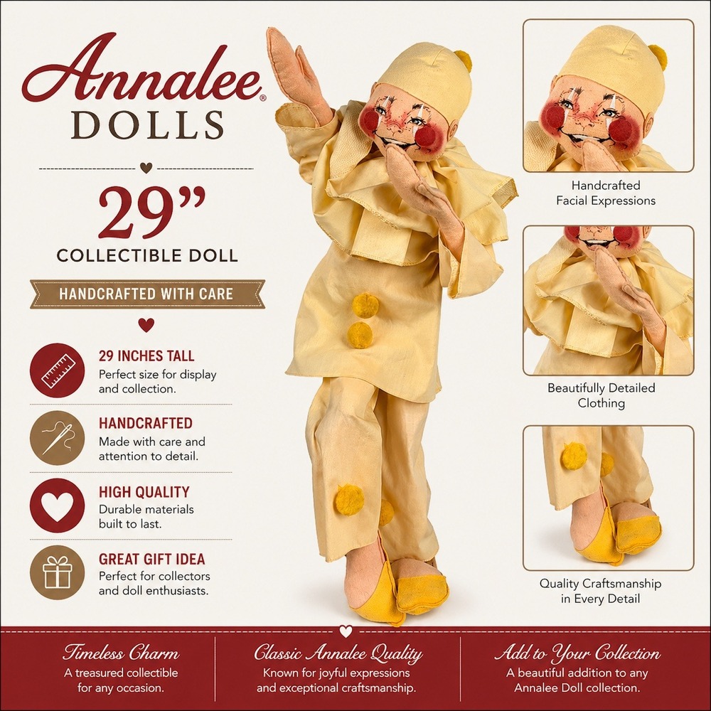Vintage 1990 Annalee Dolls Yellow Clown Figure Hand Painted Face Poseable 18"